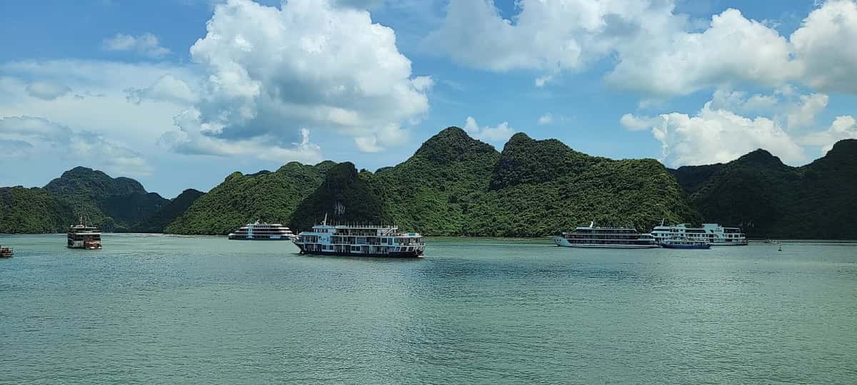 Bateaux de croisière au mouillage devant des pitons calcaires, baie d'Halong