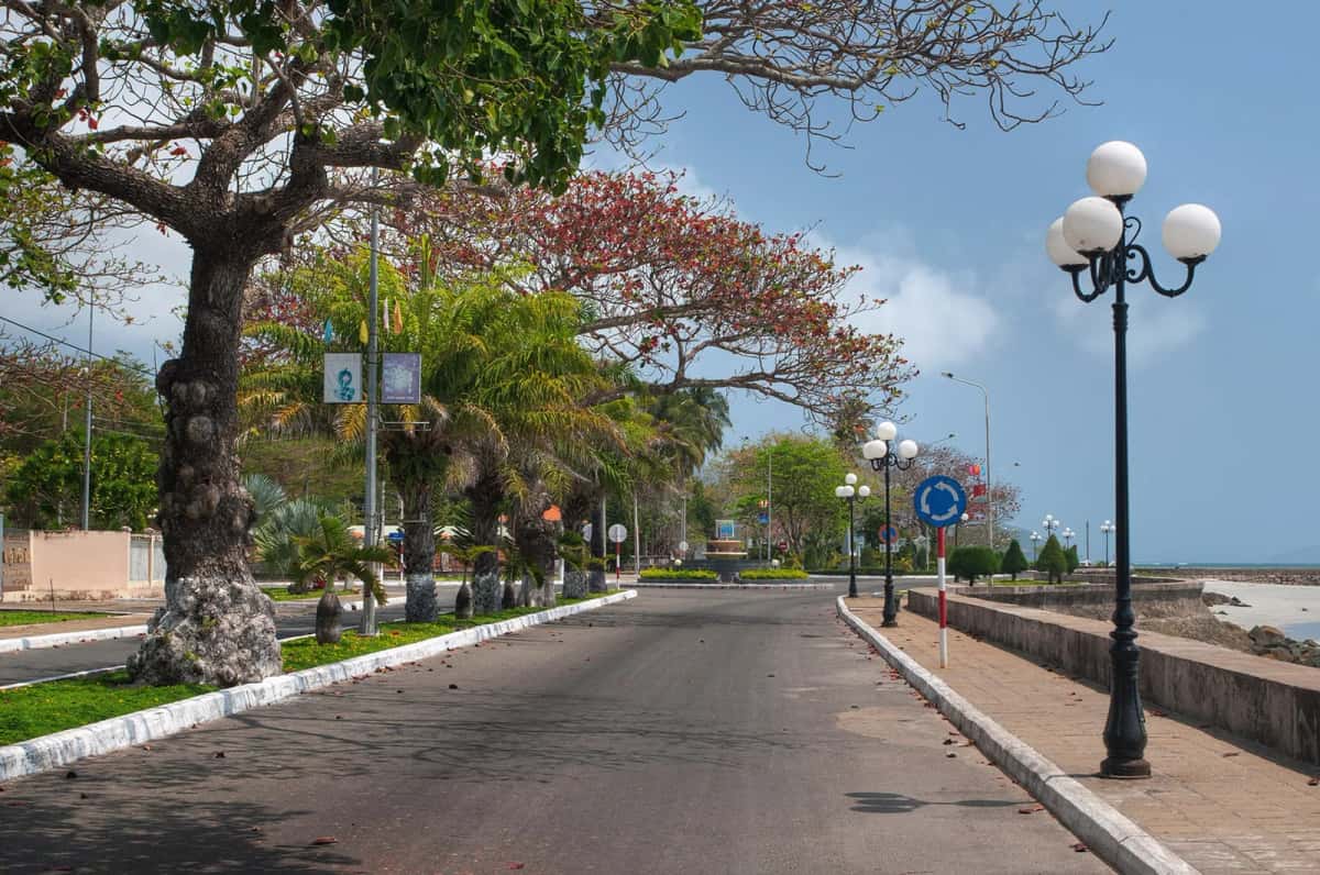 Avenue arborée et lampadaires en bord de mer dans le bourg de Côn Sơn, à Côn Đảo