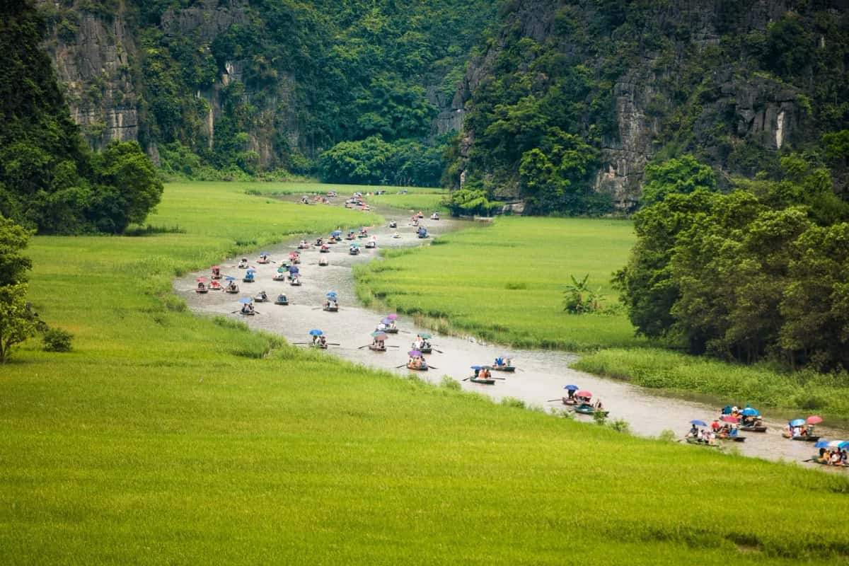 Barques sur la rivière de Ninh Binh dans les rizières