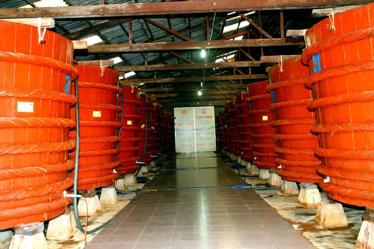 Grandes cuves en bois d'une fabrique de nuoc mam sur l'île de Phú Quốc