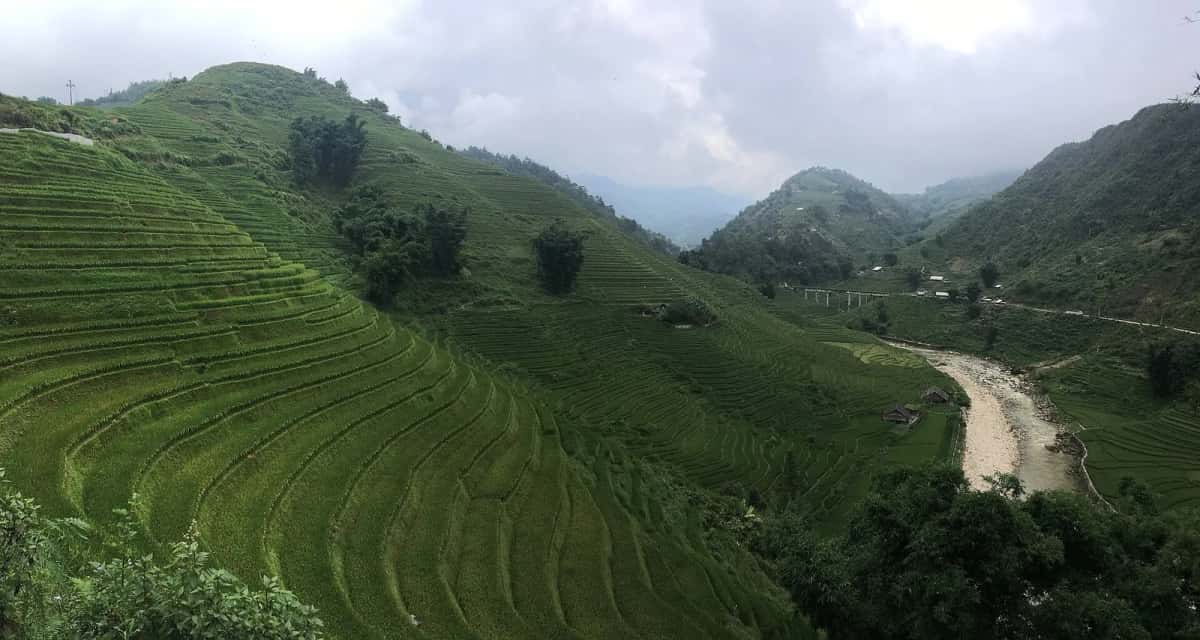 Vallée de Mường Hoa vue depuis Lao Chải, versants en rizières et rivière, à Sa Pa
