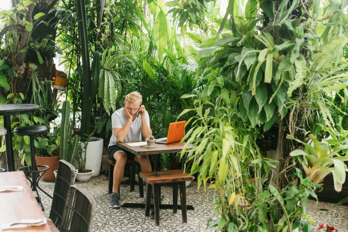 Un homme travaille sur un ordinateur portable à une table de café entouré de plantes tropicales
